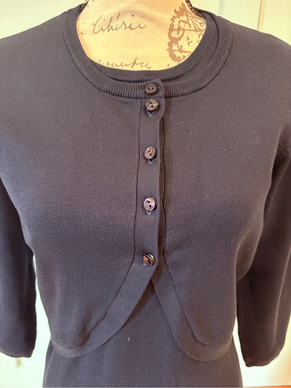 Max Mara Navy Cotton Silk Twinset Sweater Set Size L Cropped Cardigan Excellent